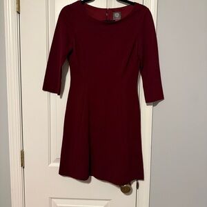 Vince Camuto Burgundy Fit & Flare Dress — 3/4 Sleeve Boat Neck